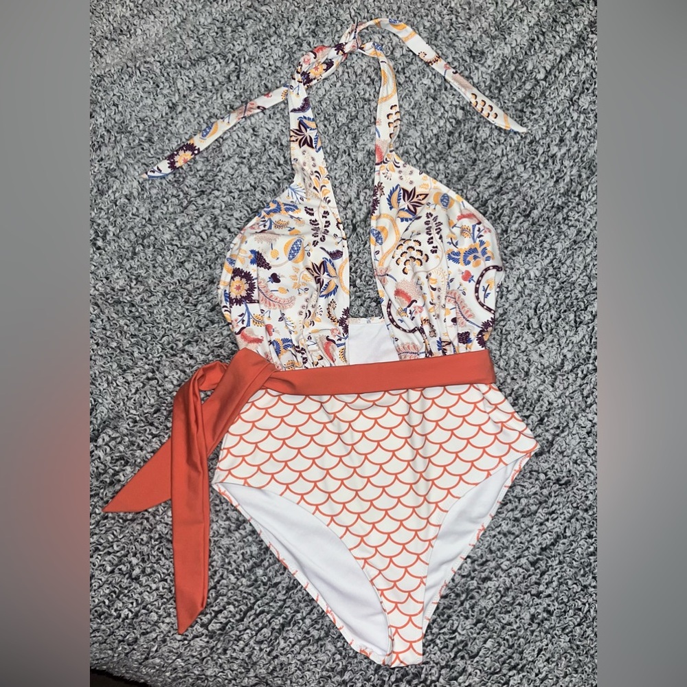 Floral Halter One-Piece Swimsuit with Coral Waist Tie